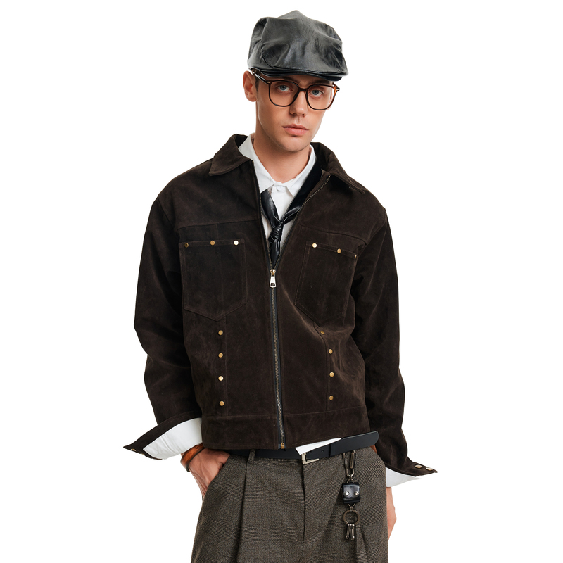 Madwitch American Retro Studded Design Suede Jacket for Men and Women, Short and Loose Casual New Rich Old Money Style Coat