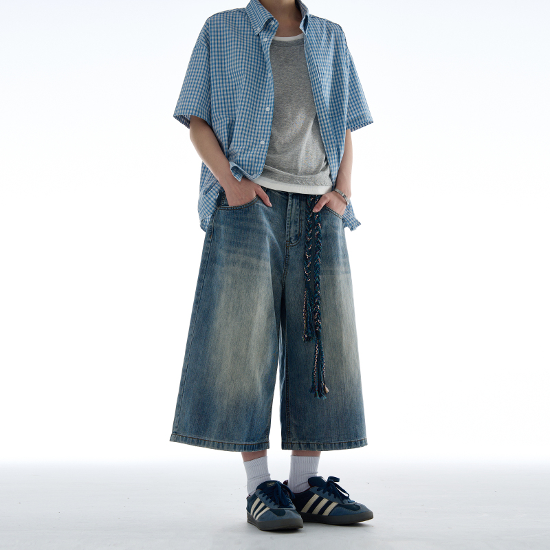 Madwitch American Retro Washed Bamboo Texture Cropped Jeans Unisex Loose Straight-Leg Design Casual Pants Madwitch American Retro Washed Bamboo Texture Cropped Jeans Unisex Loose Straight-Leg Design Casual Pants