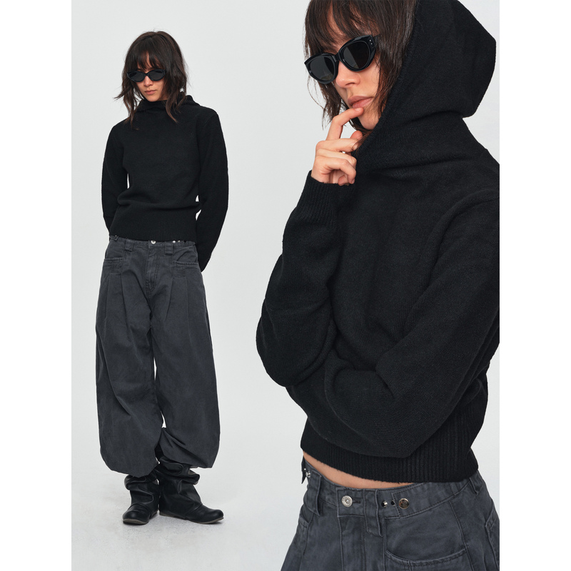 Madwitch Hooded Stacked Collar Knitted Sweater Short Ribbed Waist-Cinching Autumn and Winter Relaxed Fit Pullover Top