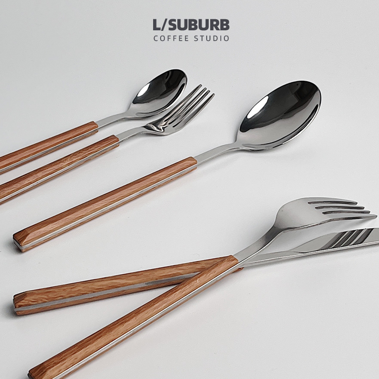 Net red imitation wood grain plastic handle Western dining dining fork knife sweet pitchfork spoonful Italian face fork steak knife