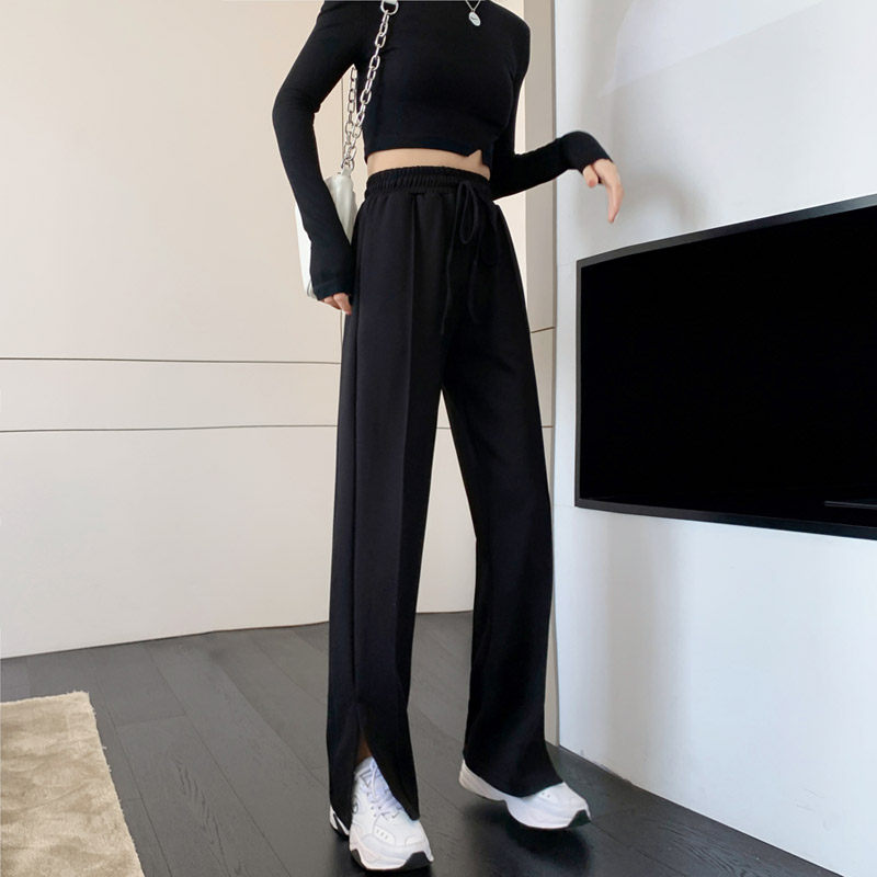Open Fork Casual Wide Pants Woman Spring Autumn High Waist Pituitary Sensation Slim Movement Pants Loose Straight Drum Long Pants Microhorn Pants Summer