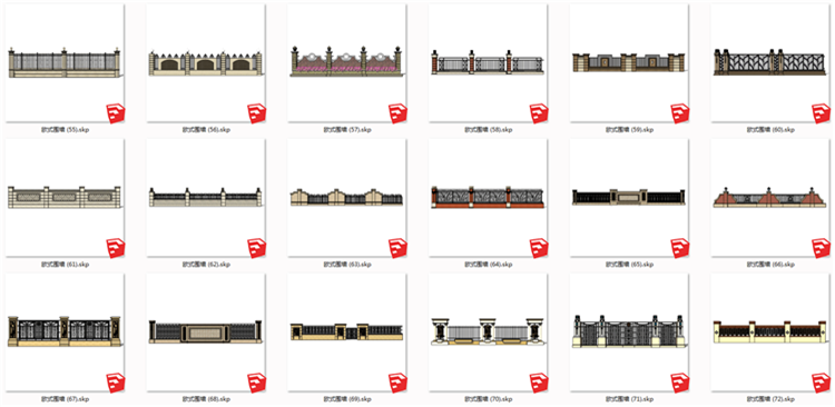 T434现代欧式风格围墙SU模型新古典风英法式小区围栏SKP格...-10