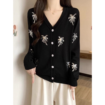 Cashmere black v-neck sequined knitted cardigan for women spring and autumn new large size loose wool coat thin sweater
