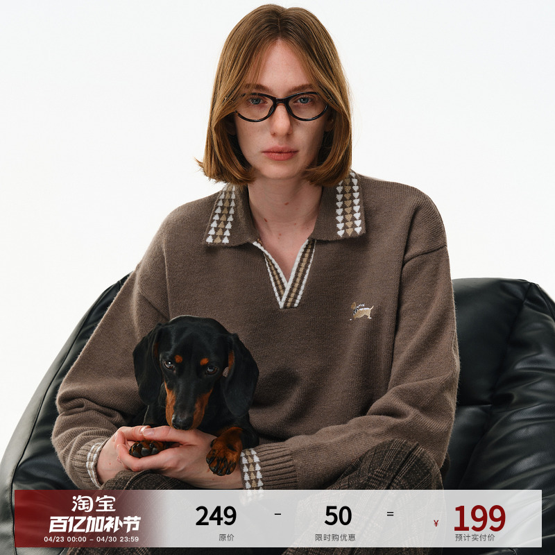Pclp Retro Seagull Collar Color-Blocked Polo Collar Sweater Spring National Trend Brand V-Neck Embroidered Puppy Couple Knitwear
