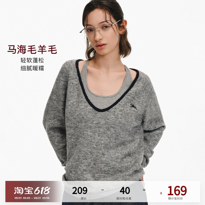 Pclp「Wool Blend」V-Neck Color-Blocked Knit Cardigan, Summer Retro Modern Versatile Loose Sweater Pclp「Wool Blend」V-Neck Color-Blocked Knit Cardigan, Summer Retro Modern Versatile Loose Sweater