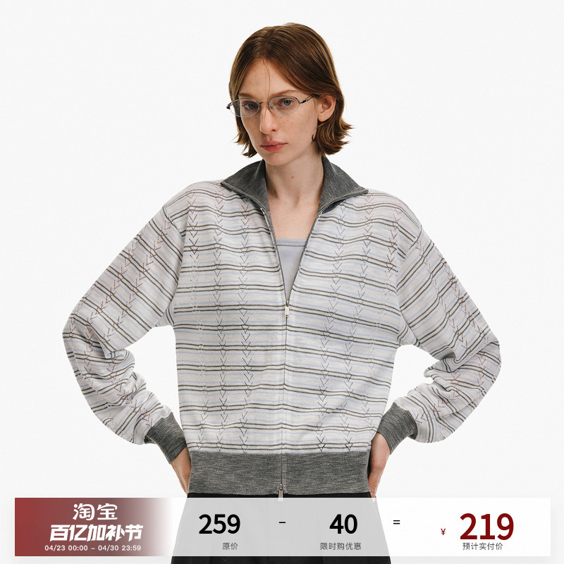 Pclp Modern Retro Nautical Style Hollow Striped Knit Cardigan Summer Versatile Turn-Down Collar Double Zipper Open-Front Jacket