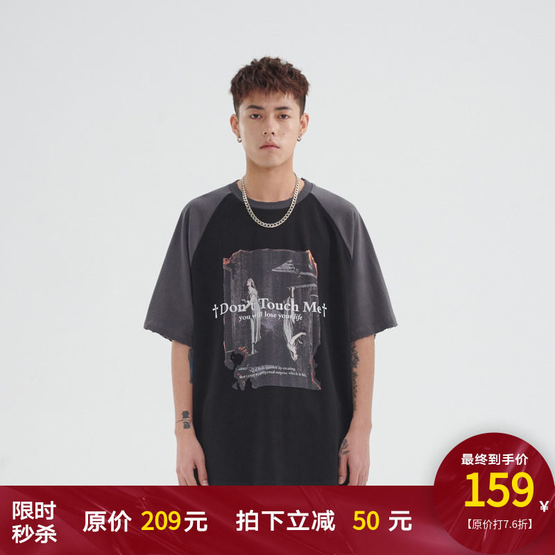 PCLP Printed Collage Short Sleeve Country Tide Card Pure Cotton Round Collar Blouse American Vintage Loose Summer Half Sleeve T-Shirt Man