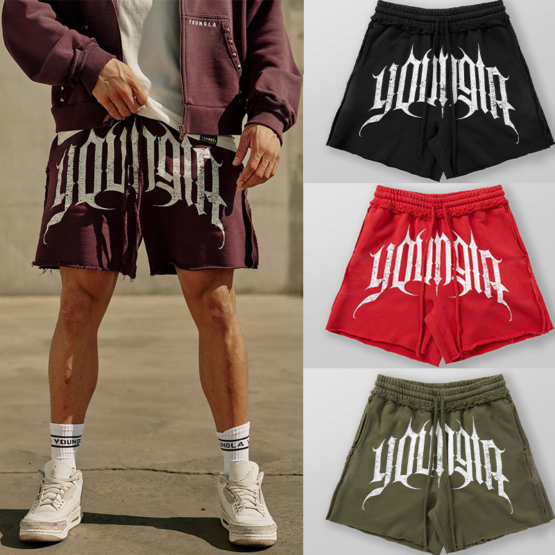 European and American Style Youngla Heavy-Duty Shorts for Men, Cotton Distressed Style, Reverse Wear, Large Lettering, Casual Trendy Street Shorts