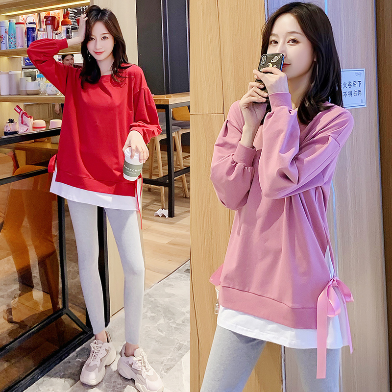 Pregnant women's autumn suit Loose casual Western style top Fashion net red sweater medium and long version of pregnant women's T-shirt spring and autumn