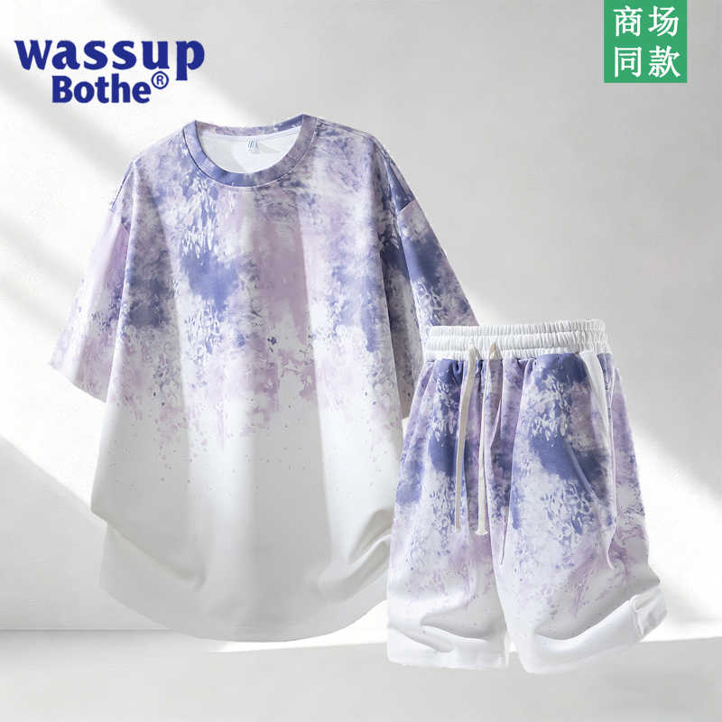 Wassup Bothe Gradient Tie-Dye Short-Sleeved Shorts Set for Boys, Summer Thin Casual Two-Piece Set for Teenagers
