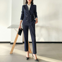 Professional suit suit womens two-piece suit Korean version of the British style quality professional suit work clothes Blue striped suit autumn