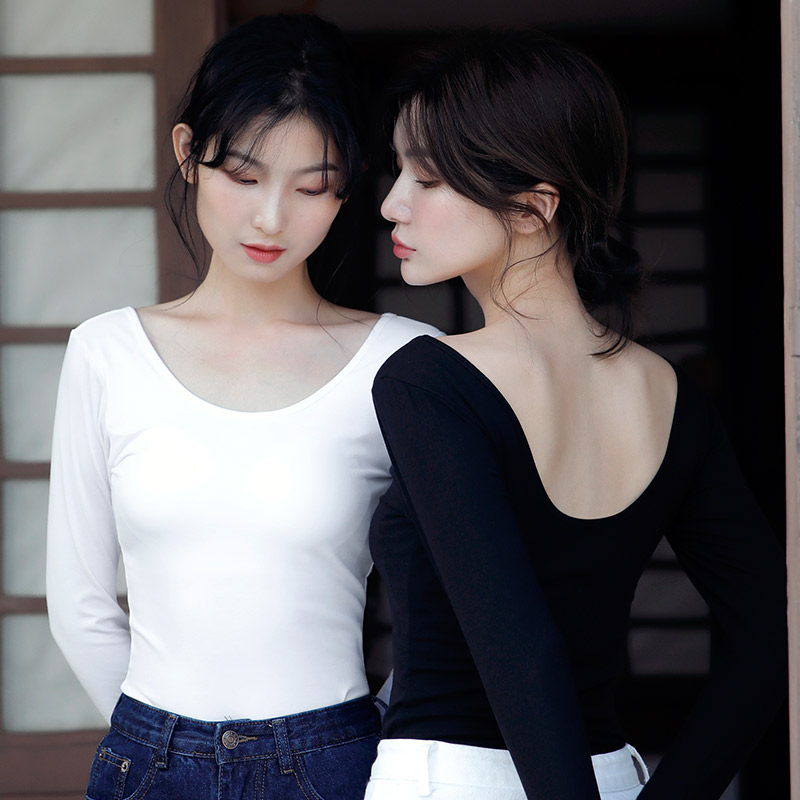 Heating clothes woman slim fit ultra low collar fit pure cotton with chest cushion blouse with long sleeve single piece for wearing autumn clothes