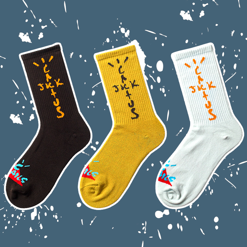 Trendy Brand Socks Travis Scott Cactus Earth Tone Mid-Calf Socks Unisex High Street Hip-Hop Skateboard Long Socks
