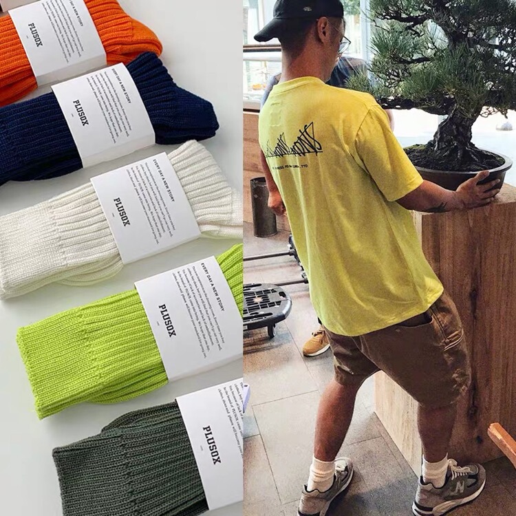 Yu Wenle Style ins Mid-Calf Socks for Men and Women, Trendy Brand, Fluorescent Green, Solid Color, High-Top, Thick, Thick-Threaded Long Socks