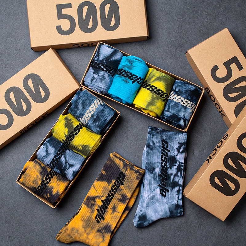 Tie-Dye Socks for Men, Mid-Calf Length, Trendy Brand Yeezy 500 Kanye Aj Style, Suitable for Sports and Basketball, Letter Print Long Socks