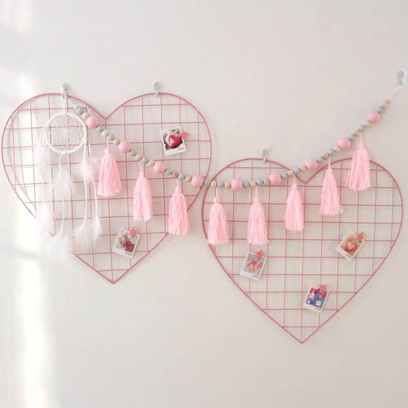 ins Nordic pink loving shaped grid photo wall Girl Hearts Bedroom Iron Art Photos Wall Princess Room Decorations