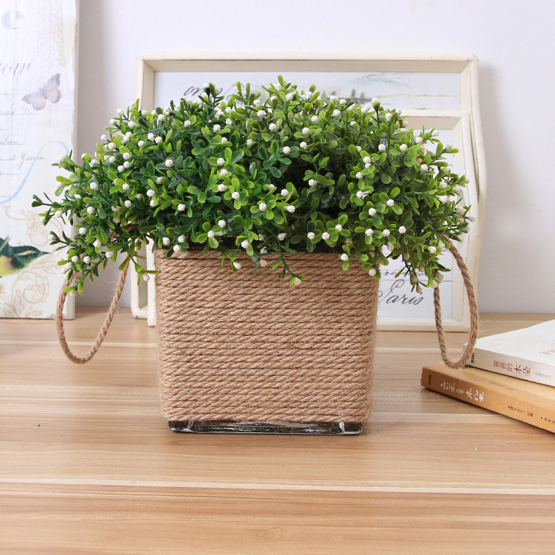 Countryside retro hemp rope handmade glass vase window sill Balcony Table Water Pewter Square Ati Basket Flower Pot