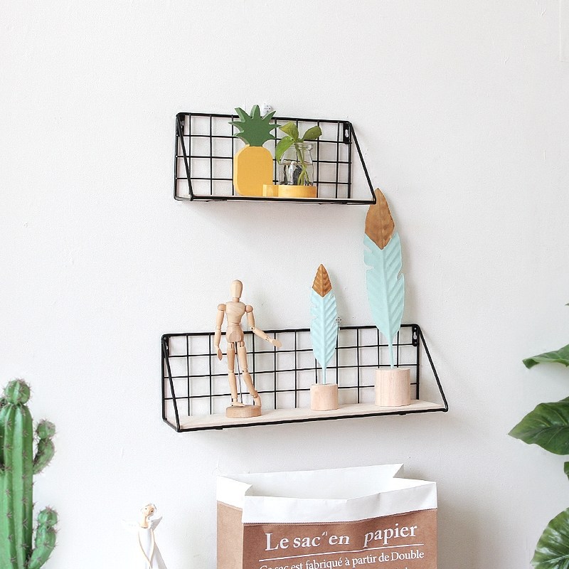 Nordic ins simple creative iron mesh solid wood one word partition wall shelf wall wall hanging decoration small shelf