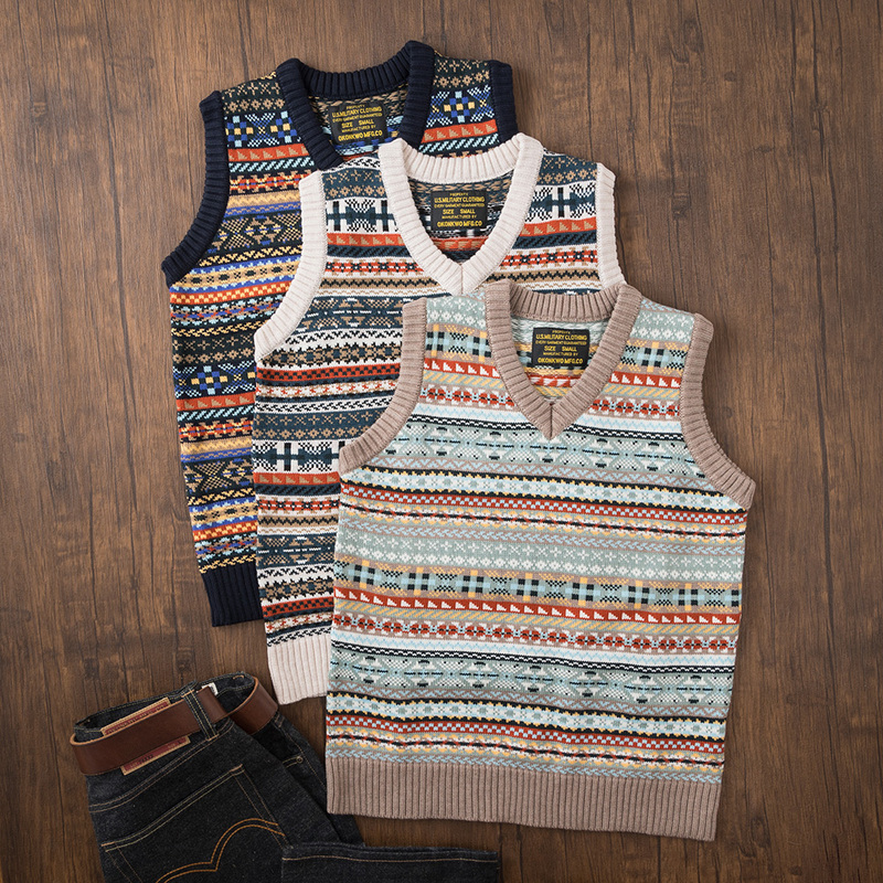 American Retro Fair Isle Pattern Jacquard Wool Sweater Pullover V-Neck Vest Men's British Knitted Top