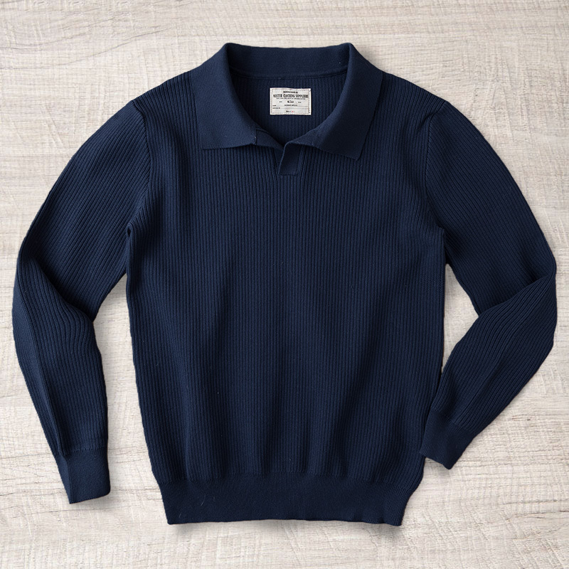 American Retro Seagull Collar Long-Sleeved Polo Shirt Style Pure Cotton Sweater Pullover Lapel Knit Top for Men