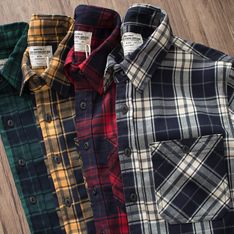 Heavyweight 300g American Retro Plaid Shirt Trendy Amekaji Thick Double-Pocket Workwear Long-Sleeve Shirt for Men