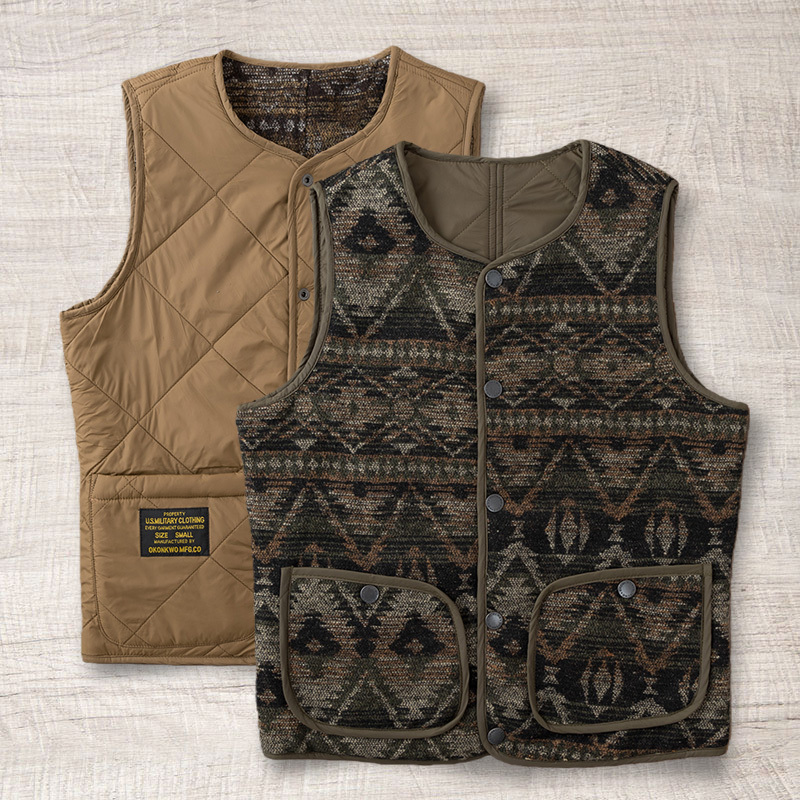 American Retro Amekaji Fair Isle Pattern Reversible Warm Padded Men's Workwear Quilted Vest