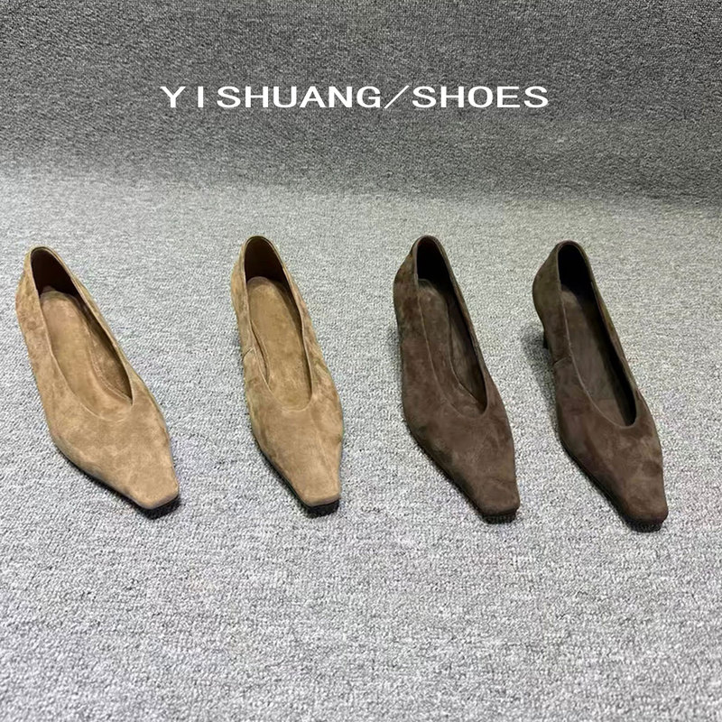 Lambskin Version! Women's Single Shoes in French Retro Style with Square Toe, Suede Slip-On, Versatile and Elegant Stiletto High Heels Lambskin Version! Women's Single Shoes in French Retro Style with Square Toe, Suede Slip-On, Versatile and Elegant Stiletto High Heels