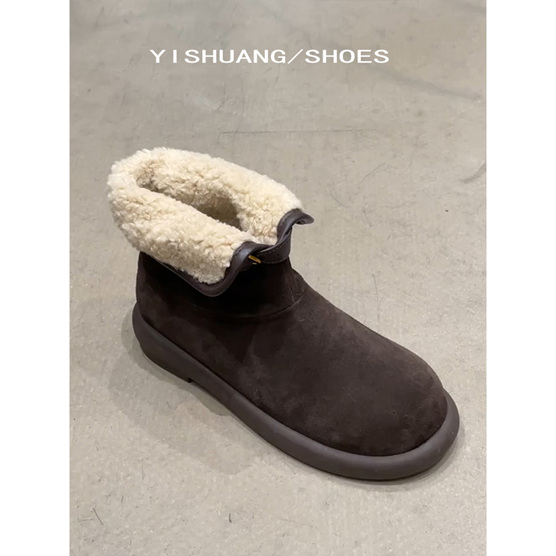 Cowhide Version! 2025 Model Snow Boots in Retro Coffee Color with Round Toe, Convertible into Two Styles, Featuring Plush Lining, Warm Thick Soles, and Birkenstock-Style Cotton Shoes