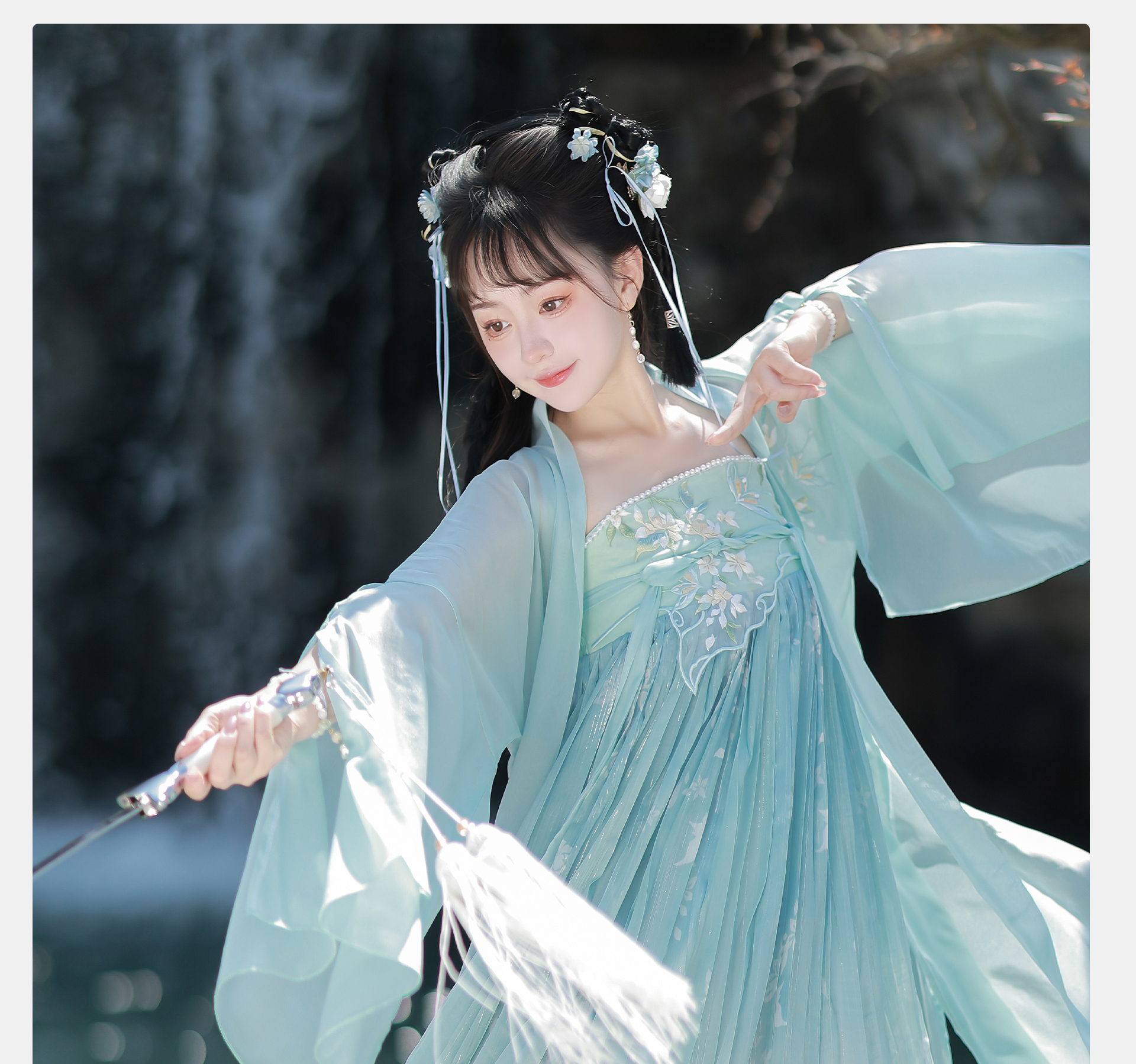 【中國直郵】 青錦閣 春秋款中國風古裝漢元素齊胸襦裙超仙唐製漢服 外披+上衣+吊帶裙+披帛 S