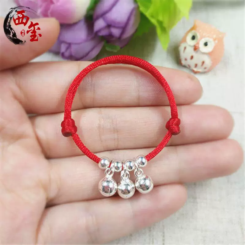 Xixi 925 Silver Bell Bracelet Baby Baby Child Child Rattle Red string Hand Rope Anklet Three Bells - Vòng chân