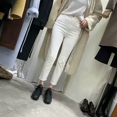 WIDELIA white pants women's early spring new high waist Korean version of thin straight jeans nine-point pants 7805