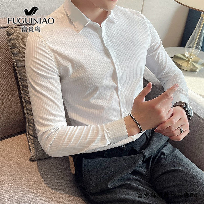 Fugui bird striped shirt for men's spring autumn season new high-end light lavish Korean version for body-free ironing-free long sleeve shirt