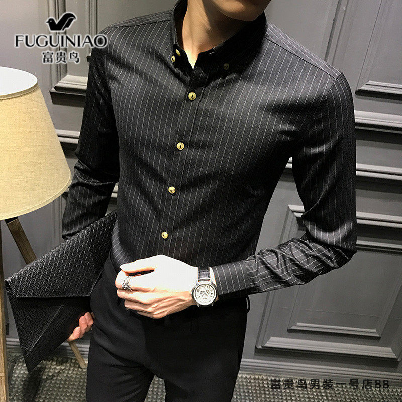 Rich Gui Bird High-end Men's Shirt 2021 Spring Autumn New Korean Version Trend Light Business Repair Body Display Slim Striped Shirt