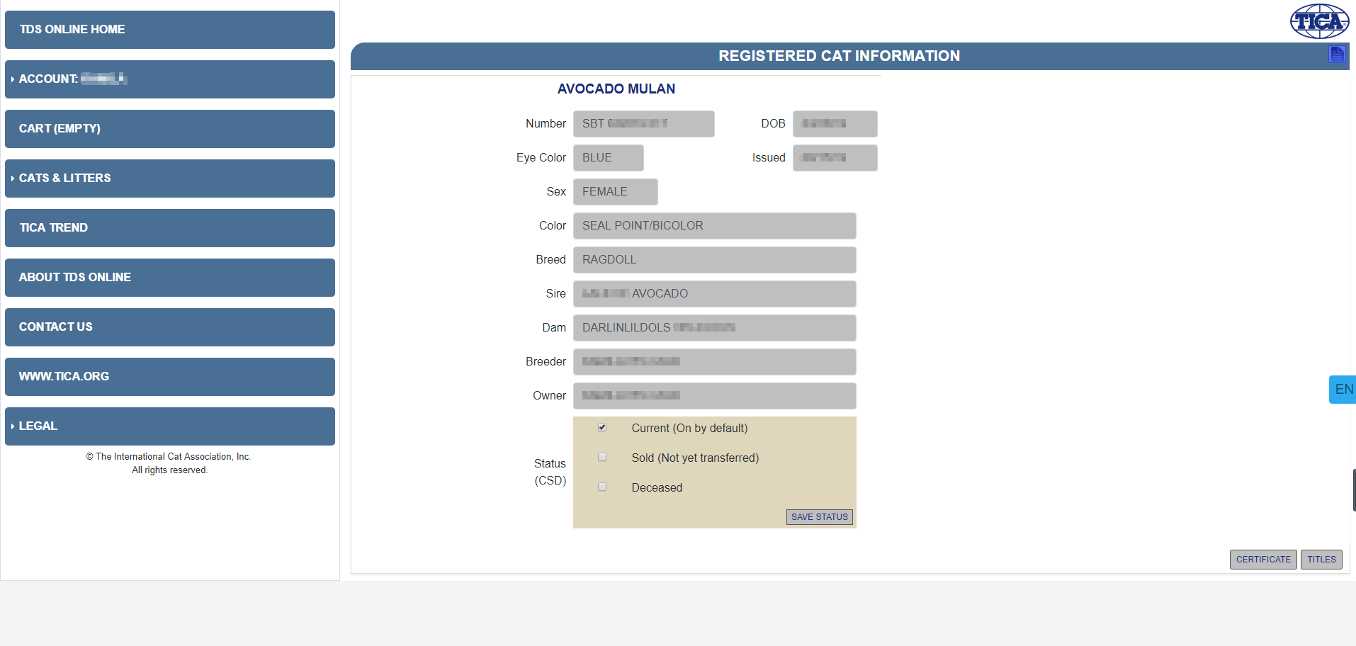 [USD 18.66] TICA blood certificate TICA cat certificate TICA