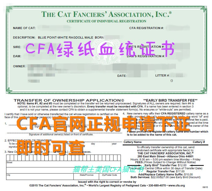 [USD 33.39] Registration CFA Cat Certificate USA CFA Cat House