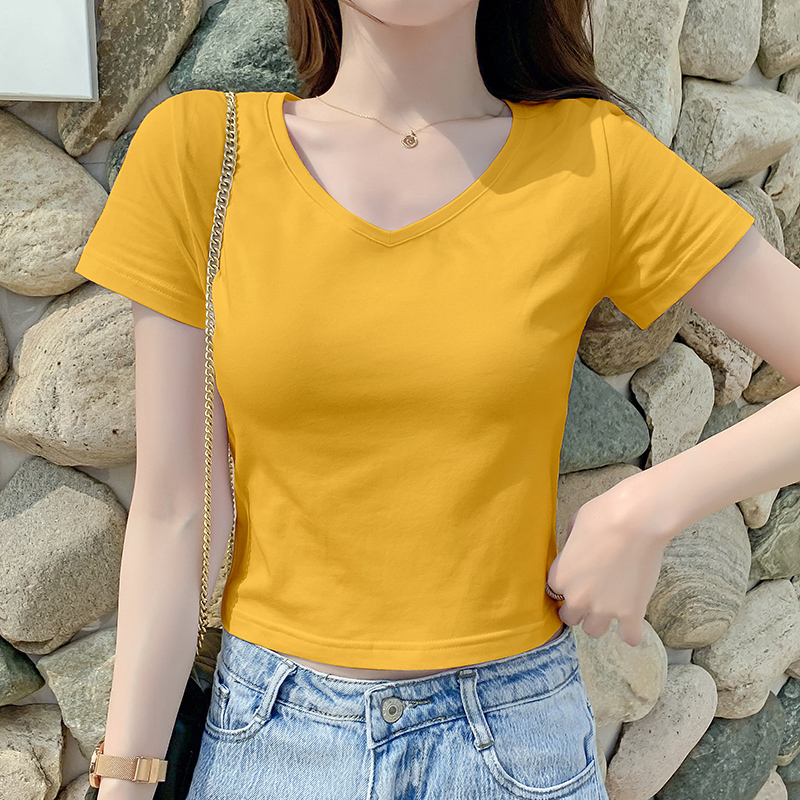 Yellow short version T-shirt woman short sleeve 2022 new summer 100 lap high waist V collar half sleeve T-shirt Dew Navel Clothes