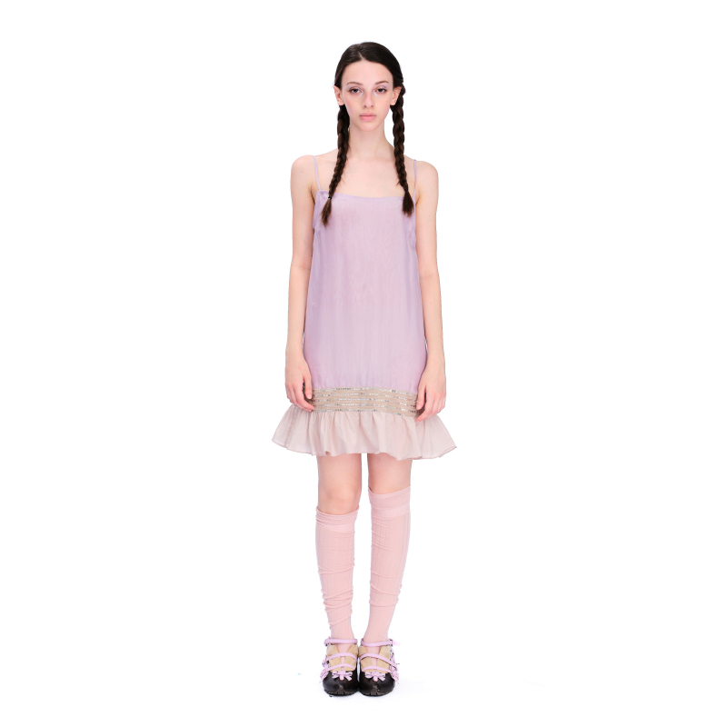 Tender Touch Pink-Purple Mulberry Silk Sheer Patchwork Dress with Contrasting Sequin Lace Hem and Straps