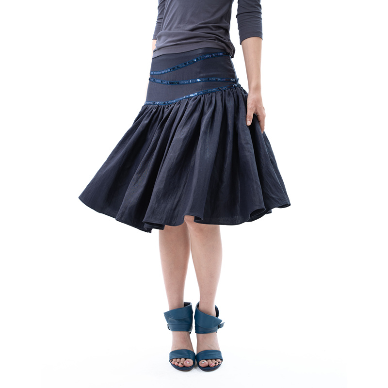 Tender Touch Navy Blue Glossy Coated Cross-Strap Mid-Low Waist Pleated Puffy Umbrella Skirt