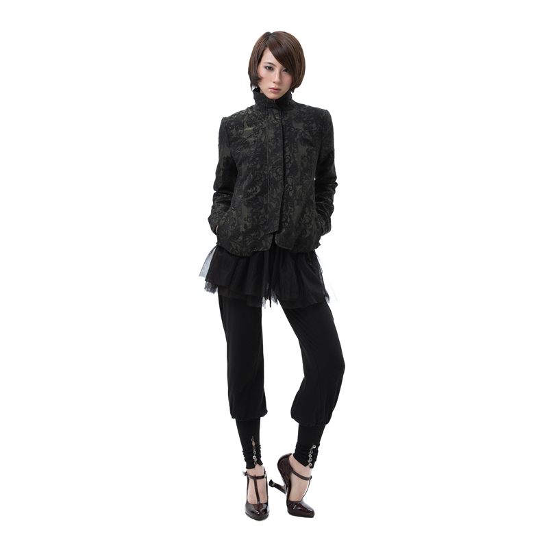 Tender Touch Black Iridescent Green Embossed Palace-Style Floral Zipper Stand Collar Slim-Fit Jacket