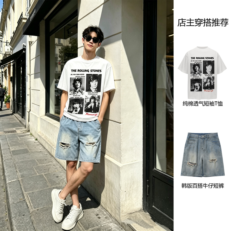 American Retro Rock Band Printed Short-Sleeved T-Shirt for Men, Summer Denim Shorts Set, Trendy Outfit American Retro Rock Band Printed Short-Sleeved T-Shirt for Men, Summer Denim Shorts Set, Trendy Outfit
