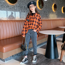 Girl Shirt Fake Two Autumn Clothes Children Spring Autumn Season Foreign Air Leisure Long Sleeve Mesh Red CUHK Children Plaid Lining Clothe