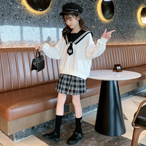 Girl Spring Clothing Suit 2022 Han Edition Foreign Air Children Spring Autumn Jk Jacket Dresses Big Boy Nets Red College Wind Two Sets