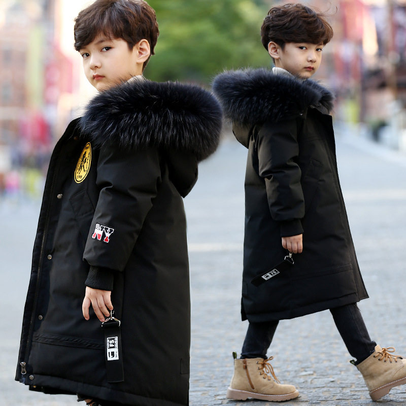 next sara boys down jacket thickened medium and long Korean version of foreign atmosphere big hair collar children white duck down coat winter