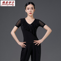 Latin dance tops for women fashionable new style 2024 summer high-end short-sleeved modern hot diamond ballroom dance national standard clothes