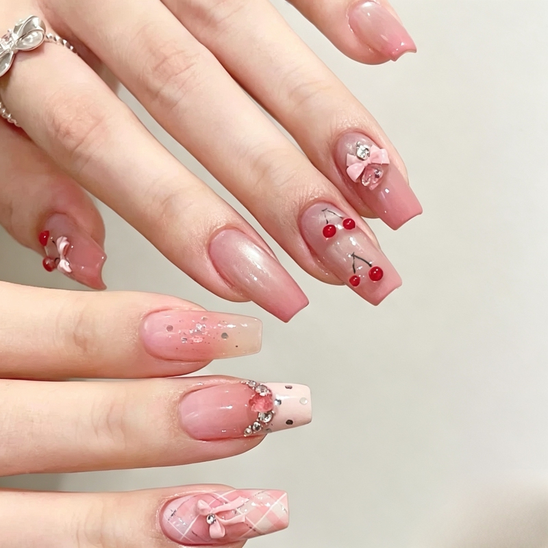 Handmade Nails | So Gentle and Pretty: Floral Blush Cat-Eye Nail Art, Polka Dot Gentle Translucent Nail Tips, High-End Custom Product.