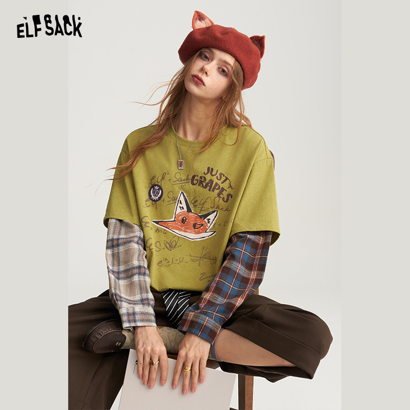 Fairy's Pocket'Fashionable Activist' Patchwork Faux Two-Piece Printed Long-Sleeve T-Shirt Autumn Design Top