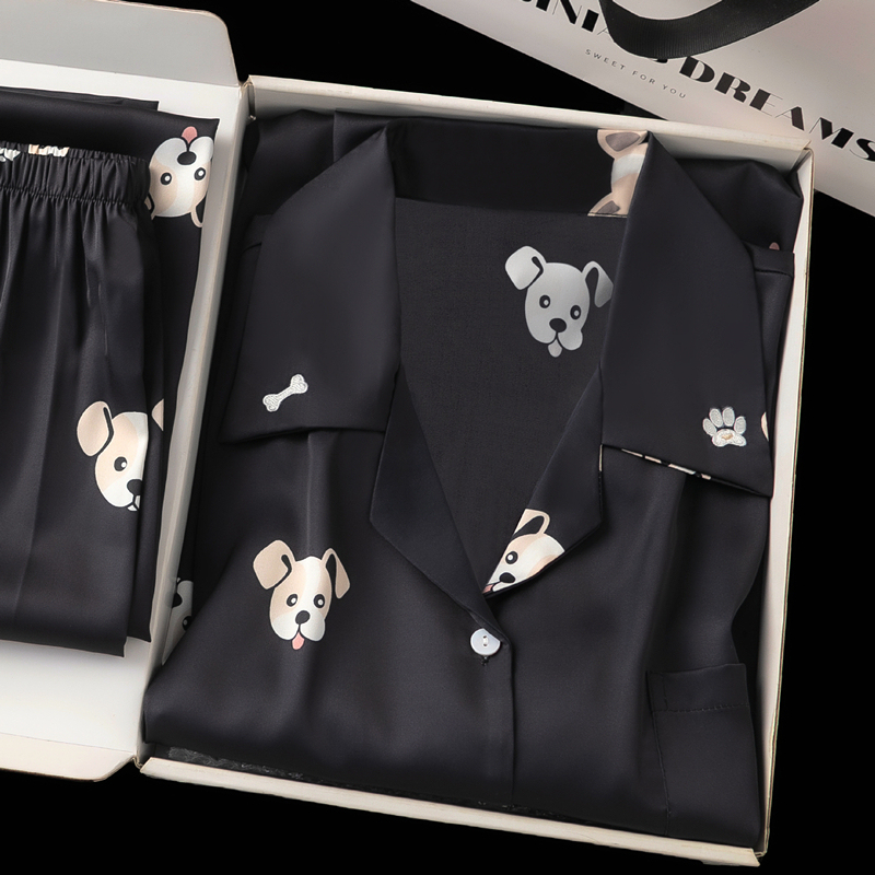 Gp Madam Silk Pajamas for Men and Women, Silk Spring and Autumn Couple's Cute Puppy Loose Black High-End Loungewear for Summer