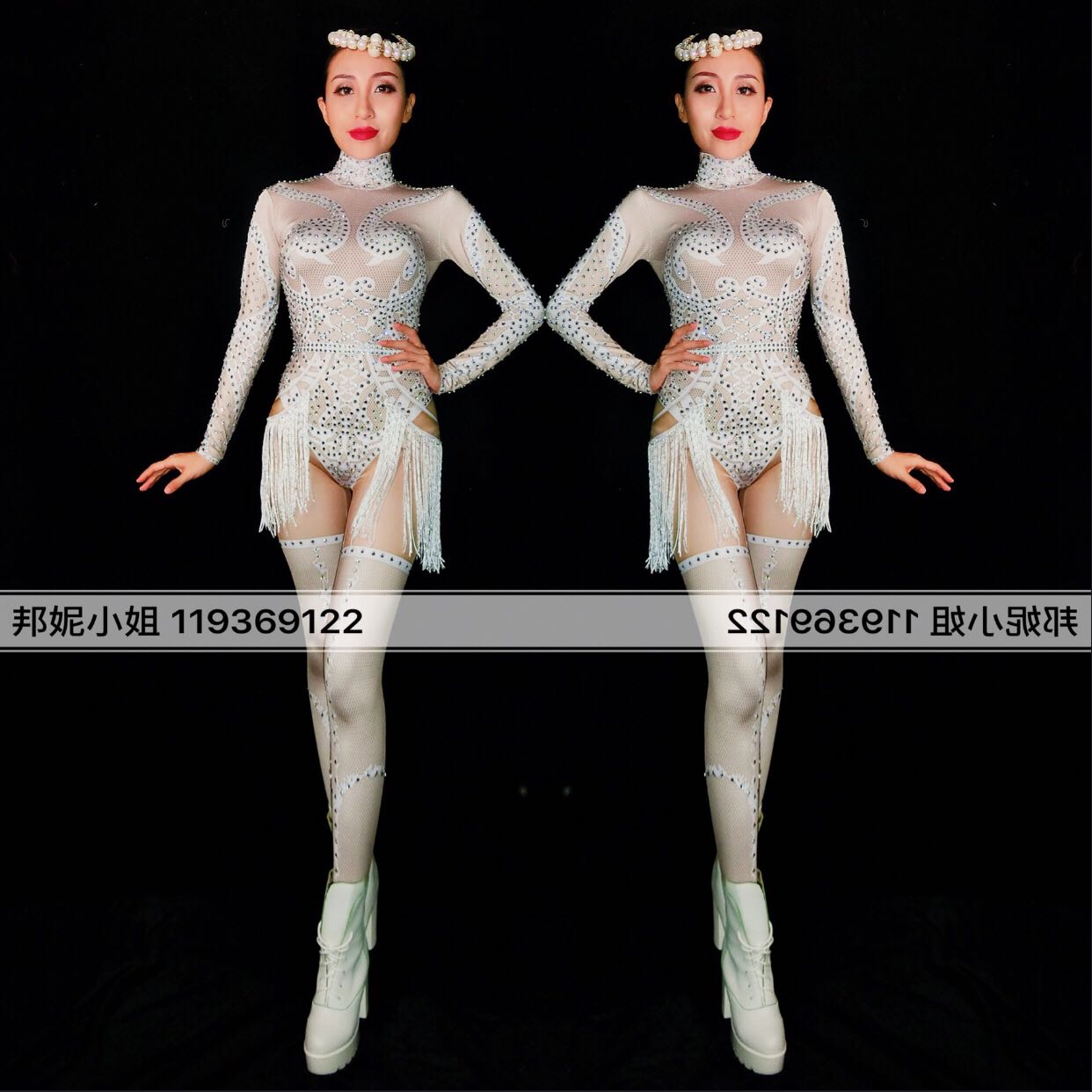 W Bonnie's home real shot print full diamond tassel one-piece costume singer gogo business acrobatic model