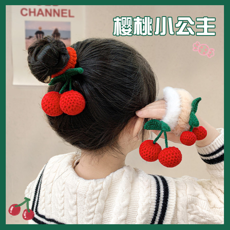 Children's hair ring cute cherry girl hair accessories do not hurt hair clip plush red autumn and winter new little girl headdress
