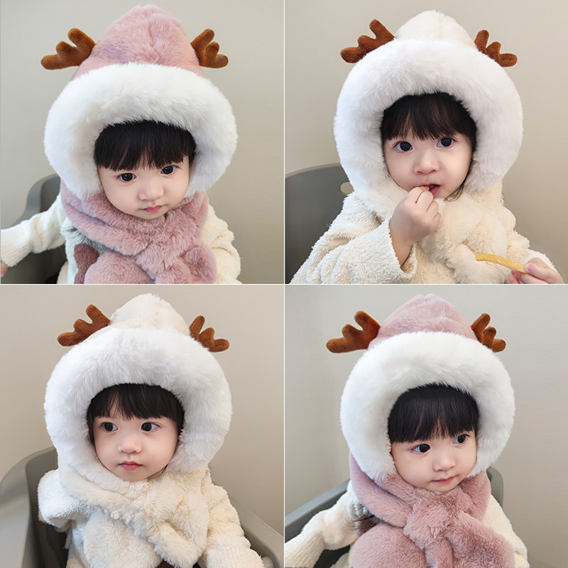 Baby hat autumn and winter children's scarf scarf scarf one baby plus velvet padded girl cute super cute pullover